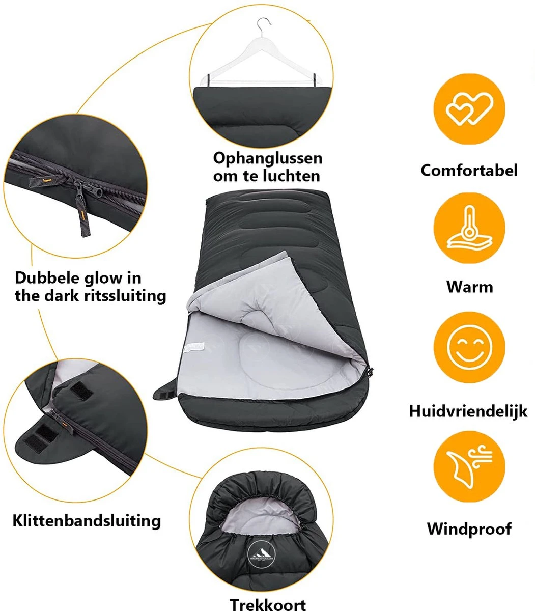 HikeMeister Mummy Slaapzak 1600 Gram - Kamperen - Zwart - Ca. 220 X 80 Cm - Met Binnenzak - Comfortzone: 0-15 Graden - Draagtas 3 HikeMeister Mummy Slaapzak 1600 Gram - Kamperen - Zwart - Ca. 220 X 80 Cm - Met Binnenzak - Comfortzone: 0-15 Graden - Draagtas - Afbeelding 3