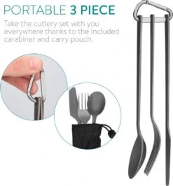 Navaris Campingbestek Van Titanium - Set Met Vork, Mes En Lepel - Bestekset Voor Onderweg En Op Reis - Inclusief Karabijnhaak En Bewaarzakje -Buiten Kamperen 1115x1200 4