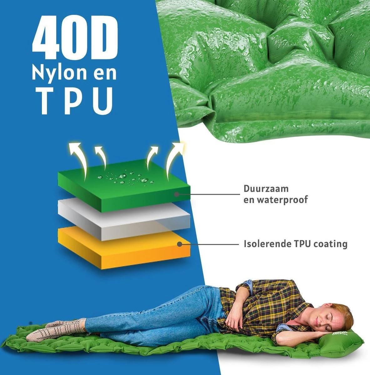 TRVLMORE Slaapmat - Zelfopblazend - 1 Persoons - Ingebouwde Pomp En Kussen - Groen 8 TRVLMORE Slaapmat - Zelfopblazend - 1 Persoons - Ingebouwde Pomp En Kussen - Groen - Afbeelding 8