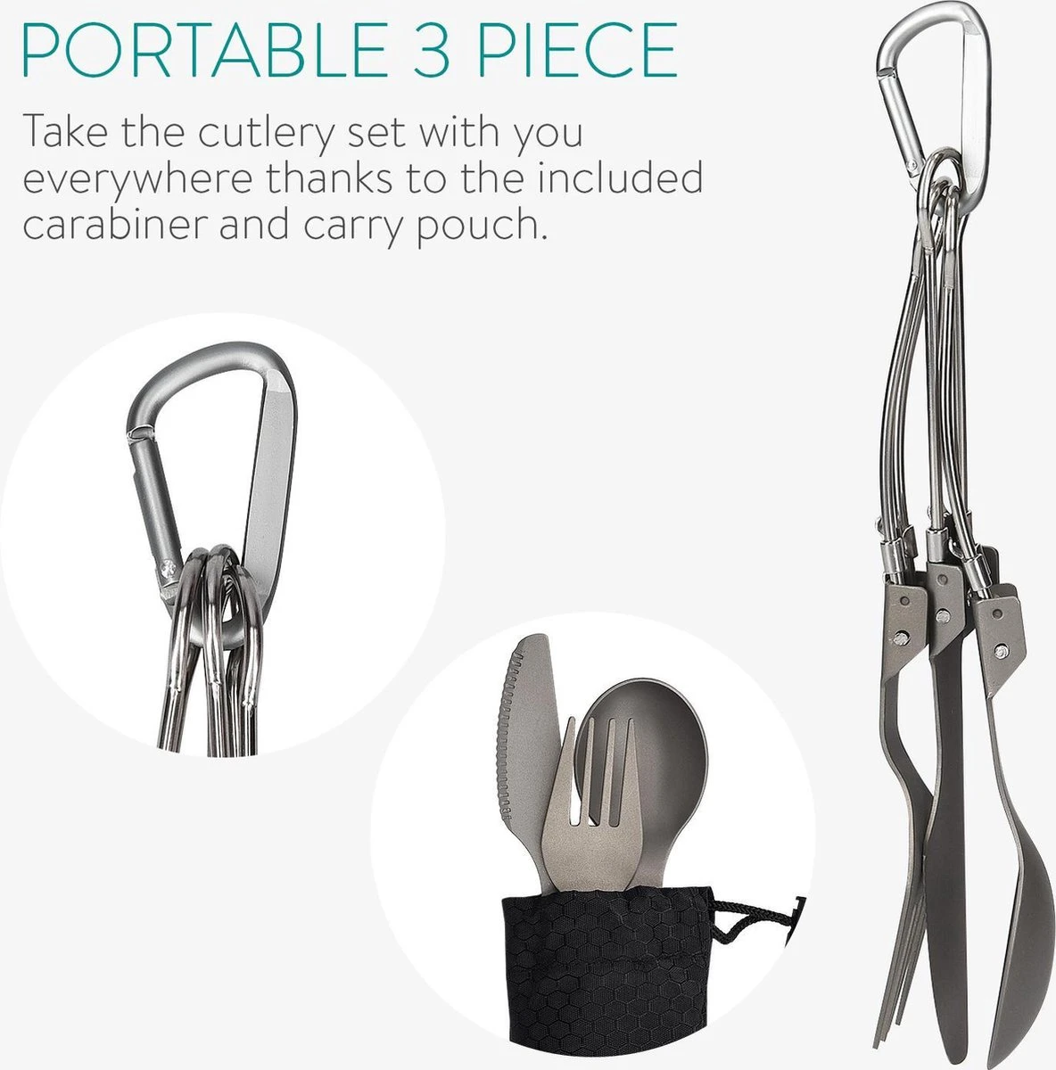 Navaris Campingbestek Van Titanium - Set Met Vork, Mes En Lepel - Inklapbaar - Bestekset Voor Onderweg - Inclusief Karabijnhaak En Bewaarzakje 10 Navaris Campingbestek Van Titanium - Set Met Vork, Mes En Lepel - Inklapbaar - Bestekset Voor Onderweg - Inclusief Karabijnhaak En Bewaarzakje - Afbeelding 10