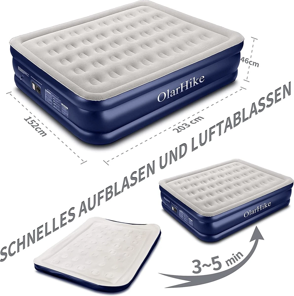 OlarHike Queen Size Luchtmatras Met Geïntegreerde Elektrische Pomp, Zelfopblazend Luchtbed, Voor 2 Personen, Premium Gastenbed, Opblaasbaar Matras Voor Camping Of Thuisgebruik, 203 X 152 X 46 Cm 3 OlarHike Queen Size Luchtmatras Met Geïntegreerde Elektrische Pomp, Zelfopblazend Luchtbed, Voor 2 Personen, Premium Gastenbed, Opblaasbaar Matras Voor Camping Of Thuisgebruik, 203 X 152 X 46 Cm - Afbeelding 3
