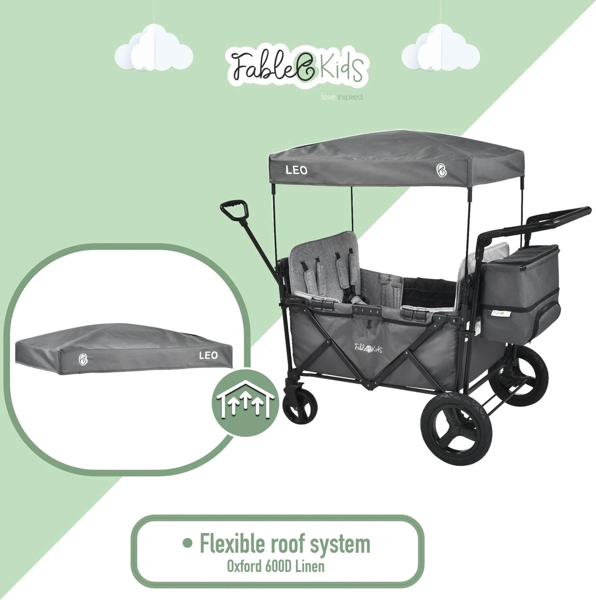 FableKids LEO X4Plus Opvouwbare Wagen Met Dak Fossil Grey 2 FableKids LEO X4Plus Opvouwbare Wagen Met Dak Fossil Grey - Afbeelding 2