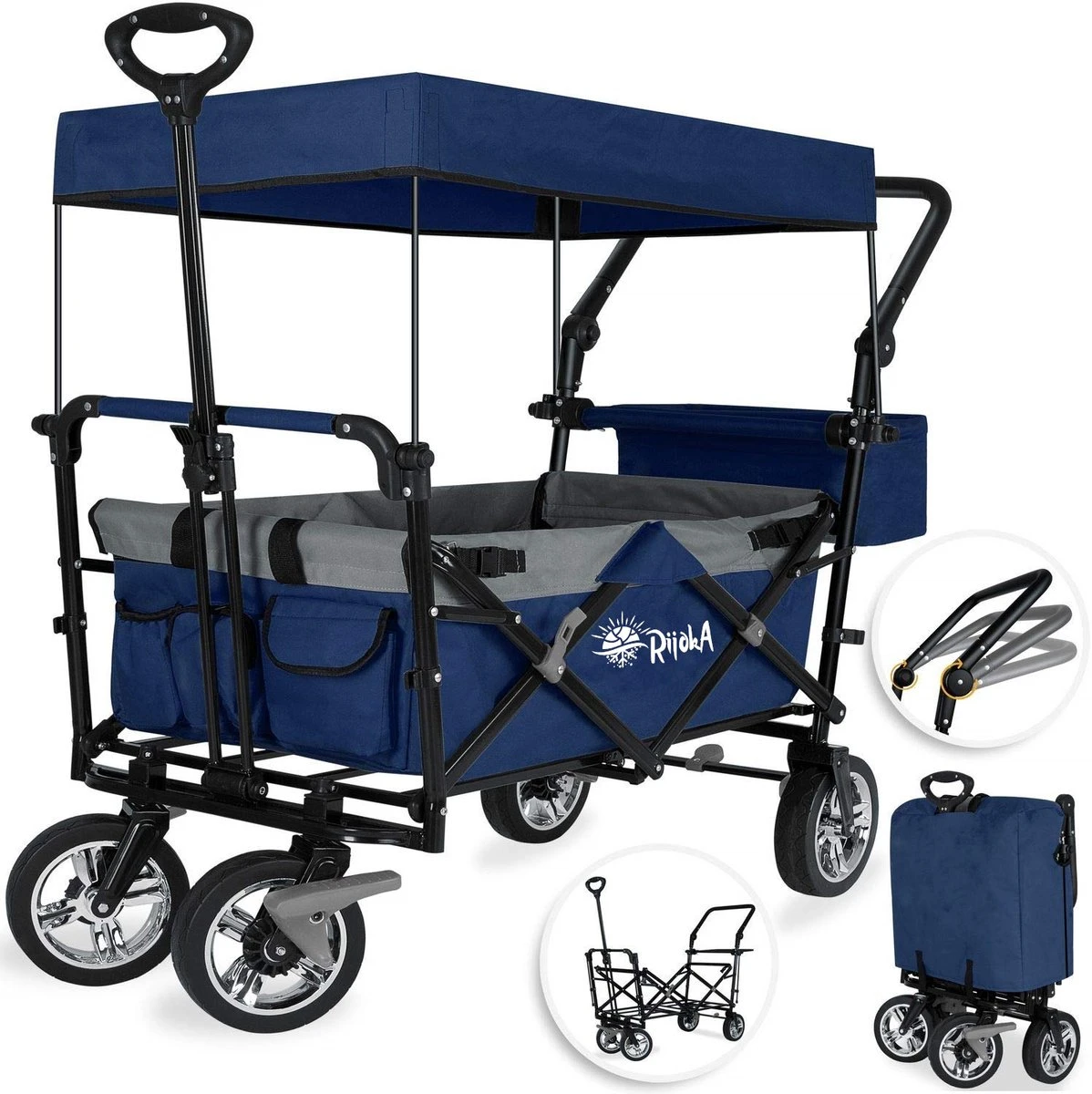 Rijoka Luxe Opvouwbare Bolderkar/Bolderwagen | Met Dakje En Draagtas | Marine Blauw 3 Rijoka Luxe Opvouwbare Bolderkar/Bolderwagen | Met Dakje En Draagtas | Marine Blauw - Afbeelding 3