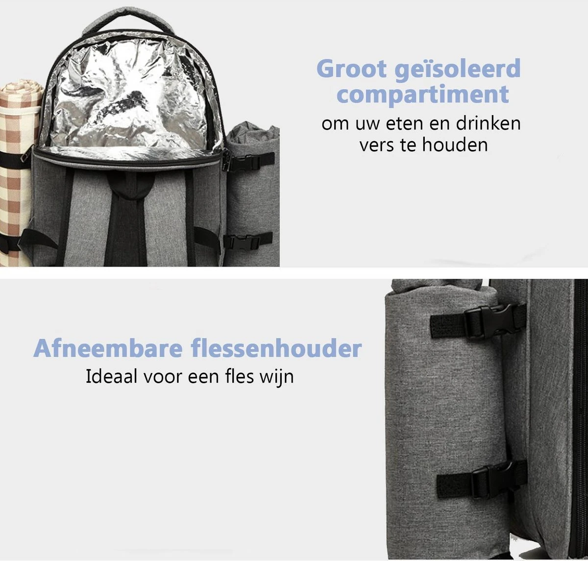 Kono Koeltas - Koelrugzak - Picknick - Picknicktas Met Flessenhouder - Koelrugtas Met Picknickkleed - Grijs (E6915 GY) 3 Kono Koeltas - Koelrugzak - Picknick - Picknicktas Met Flessenhouder - Koelrugtas Met Picknickkleed - Grijs (E6915 GY) - Afbeelding 3