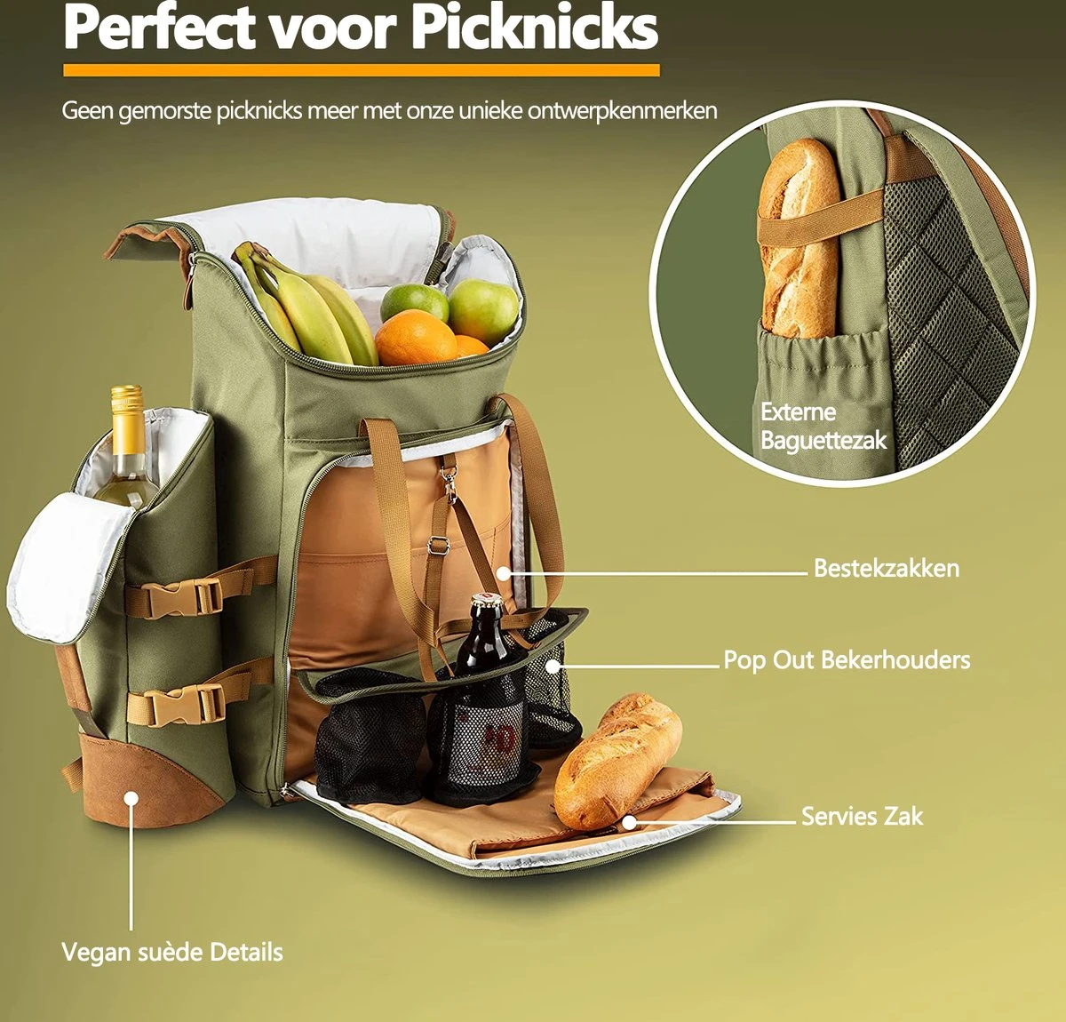 Cabinmax Koeltas - Koelrugzak - Picknick - Picknicktas Met Flessenhouder - Koelrugtas 24L - Olive Green 2 Cabinmax Koeltas - Koelrugzak - Picknick - Picknicktas Met Flessenhouder - Koelrugtas 24L - Olive Green - Afbeelding 2