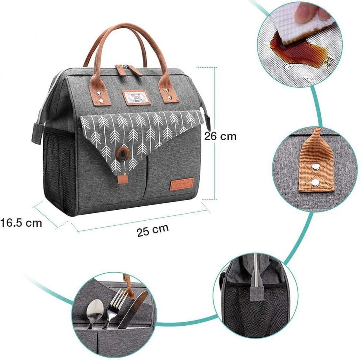 HN® Lunchtas Grijs Pijlen, Geïsoleerde Koeltas, Lekvrij, Extra Grote Opening Voor De Lunch Box, 25×16,5×26cm Design Heren En Dames 2 HN® Lunchtas Grijs Pijlen, Geïsoleerde Koeltas, Lekvrij, Extra Grote Opening Voor De Lunch Box, 25×16,5×26cm Design Heren En Dames - Afbeelding 2