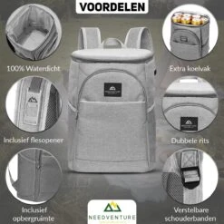 Needventure Koeltas - Lunchtas - Koelrugtas - Picknicktas - 20 Liter - Flessenhouder - Bieropener - Grijs 13 Needventure Koeltas - Lunchtas - Koelrugtas - Picknicktas - 20 Liter - Flessenhouder - Bieropener - Grijs -Buiten Kamperen 1200x1200 1079