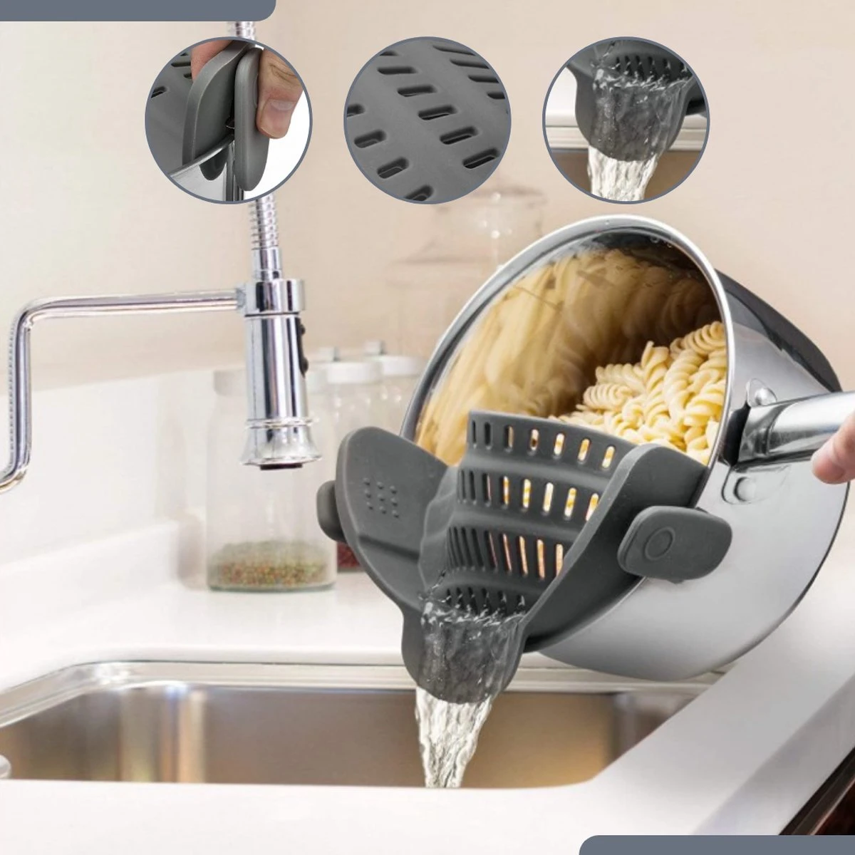 SensaHome- Siliconen Vergiet - Keuken Afgietdeksel - Afgiethulp - Siliconen - BPA Vrij - Grijs 7 SensaHome- Siliconen Vergiet - Keuken Afgietdeksel - Afgiethulp - Siliconen - BPA Vrij - Grijs - Afbeelding 7