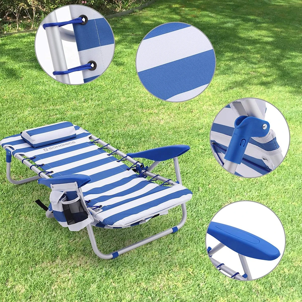 Naqsh Store Strandstoel Met Hoofdkussen, Aluminium, Draagbare Vouwstoel, Campingstoel, Opvouwbaar En Verstelbaar, Zoals Een Rugzak Draagbaar, Buitenstoel, Blauw En Wit Gestreept GCB62BU 9 Naqsh Store Strandstoel Met Hoofdkussen, Aluminium, Draagbare Vouwstoel, Campingstoel, Opvouwbaar En Verstelbaar, Zoals Een Rugzak Draagbaar, Buitenstoel, Blauw En Wit Gestreept GCB62BU - Afbeelding 9