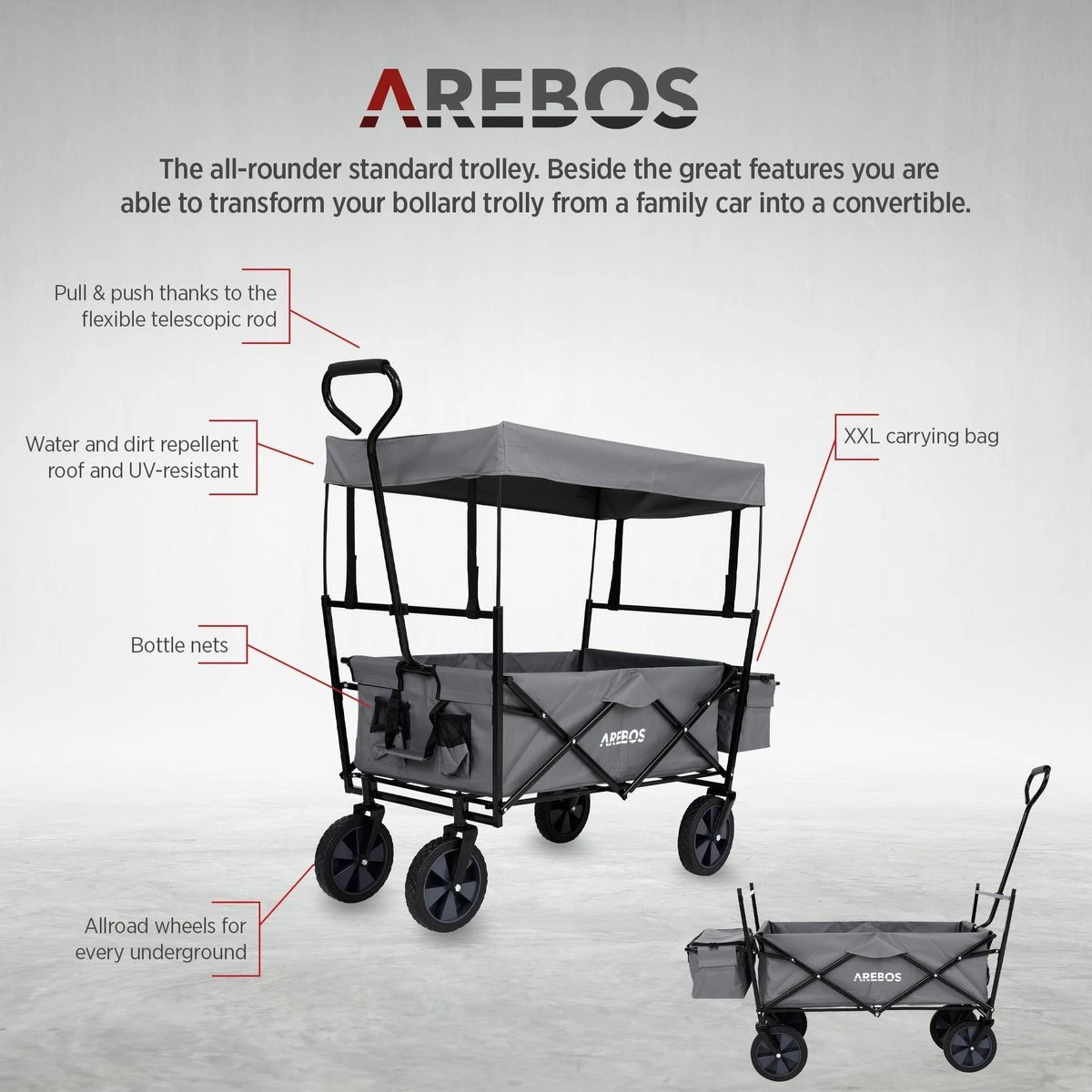 AREBOS Handwagen Vouwbare Dak Handwagen Vouwbare Trolley Uitrustingswagen Grijs 7 AREBOS Handwagen Vouwbare Dak Handwagen Vouwbare Trolley Uitrustingswagen Grijs - Afbeelding 7