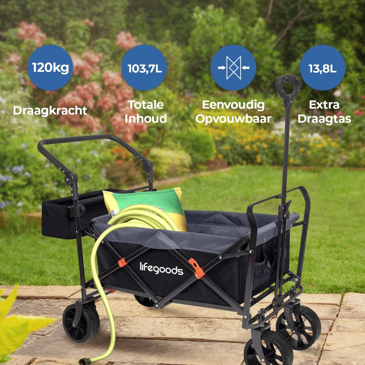 LifeGoods Bolderkar - Opvouwbaar - Tot 120KG - 103L - Extra Draagtas En Duwstang - Wasbaar Polyester - 98x45cm - Zwart/Grijs 2 LifeGoods Bolderkar - Opvouwbaar - Tot 120KG - 103L - Extra Draagtas En Duwstang - Wasbaar Polyester - 98x45cm - Zwart/Grijs - Afbeelding 2