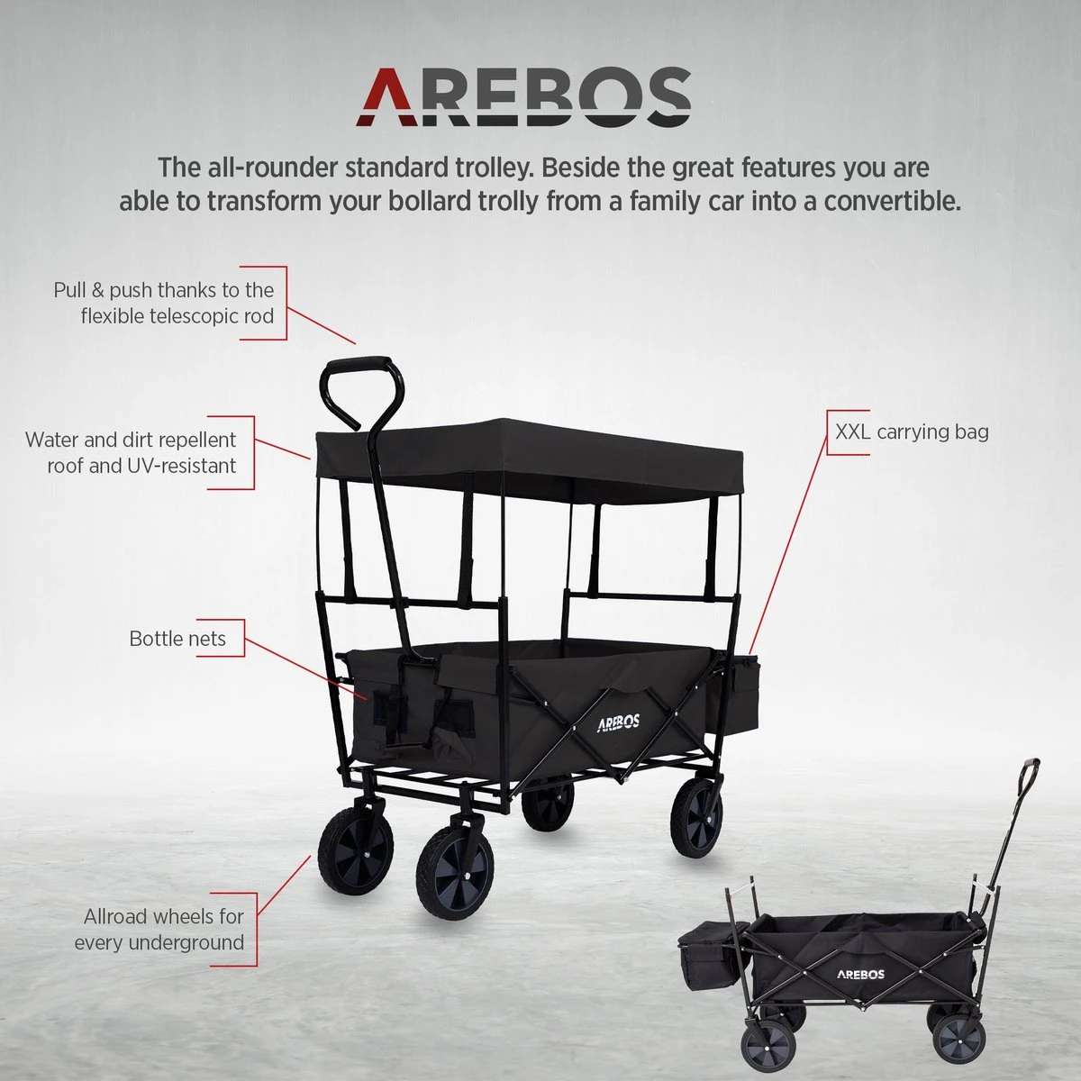 AREBOS Handwagen Vouwbare Dak Handwagen Vouwbare Trolley Uitrustingswagen Zwart 6 AREBOS Handwagen Vouwbare Dak Handwagen Vouwbare Trolley Uitrustingswagen Zwart - Afbeelding 6