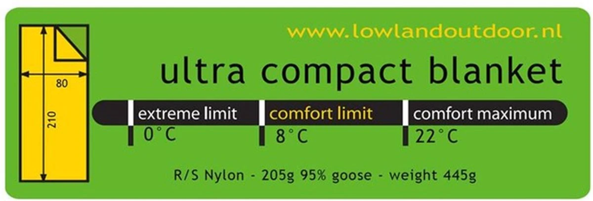 LOWLAND OUTDOOR® Ultra Compact Blanket - Donzen Slaapzak - Gewicht 495g - 210x80 Cm - Comfort Temperatuur +8°C 11 LOWLAND OUTDOOR® Ultra Compact Blanket - Donzen Slaapzak - Gewicht 495g - 210x80 Cm - Comfort Temperatuur +8°C - Afbeelding 11