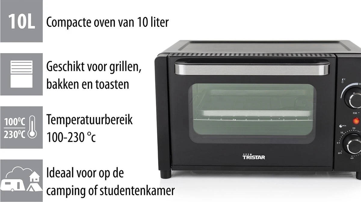 Tristar Oven OV-3615 - Camping Oven 10 Liter - 800 Watt - Vrijstaande Kleine Oven - Zwart 12 Tristar Oven OV-3615 - Camping Oven 10 Liter - 800 Watt - Vrijstaande Kleine Oven - Zwart - Afbeelding 12