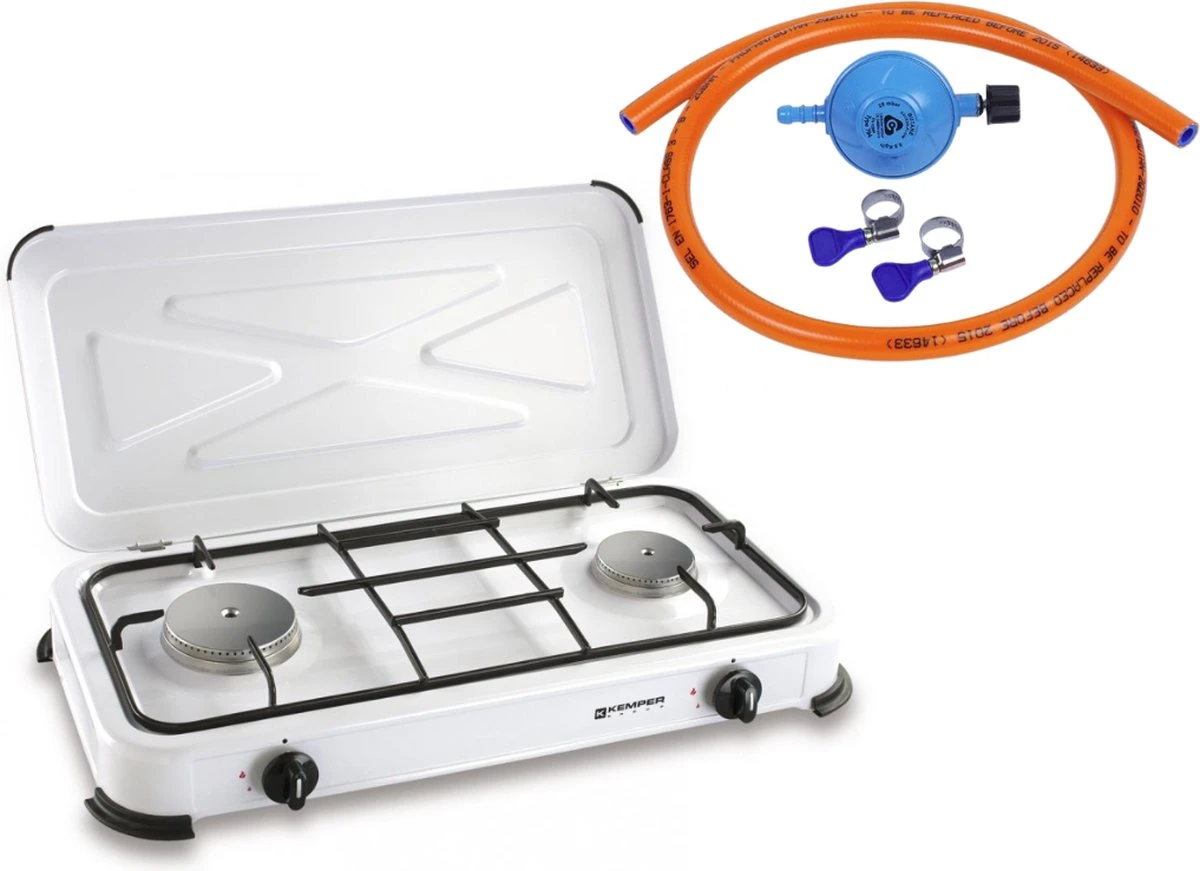 Kemper Gas Kooktoestel - Campingkooktoestel - INCLUSIEF Installatiesetje - Met 2 RVS Branders - 2600W 1 Kemper Gas Kooktoestel - Campingkooktoestel - INCLUSIEF Installatiesetje - Met 2 RVS Branders - 2600W