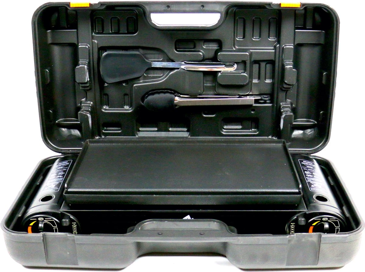 T&S - Draagbaar Dubbel Gasvuur Met Grillplaat En Transportkist - Camping Kooktoestel - Kookstel - Bakplaat - Gasfornuis - 2 Pits - Elektrische Ontsteking - Kookvuur - Kampeer Vuur 2 T&S - Draagbaar Dubbel Gasvuur Met Grillplaat En Transportkist - Camping Kooktoestel - Kookstel - Bakplaat - Gasfornuis - 2 Pits - Elektrische Ontsteking - Kookvuur - Kampeer Vuur - Afbeelding 2