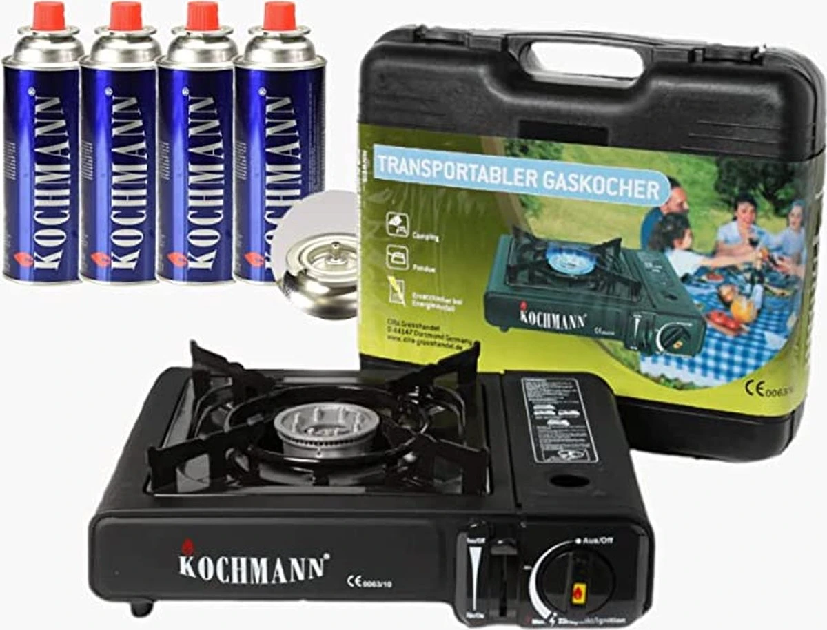 Trasnportabler Gaskocher - Draagbaar Gasvuur Met 4 Kookstel Gasflessen 1 Trasnportabler Gaskocher - Draagbaar Gasvuur Met 4 Kookstel Gasflessen